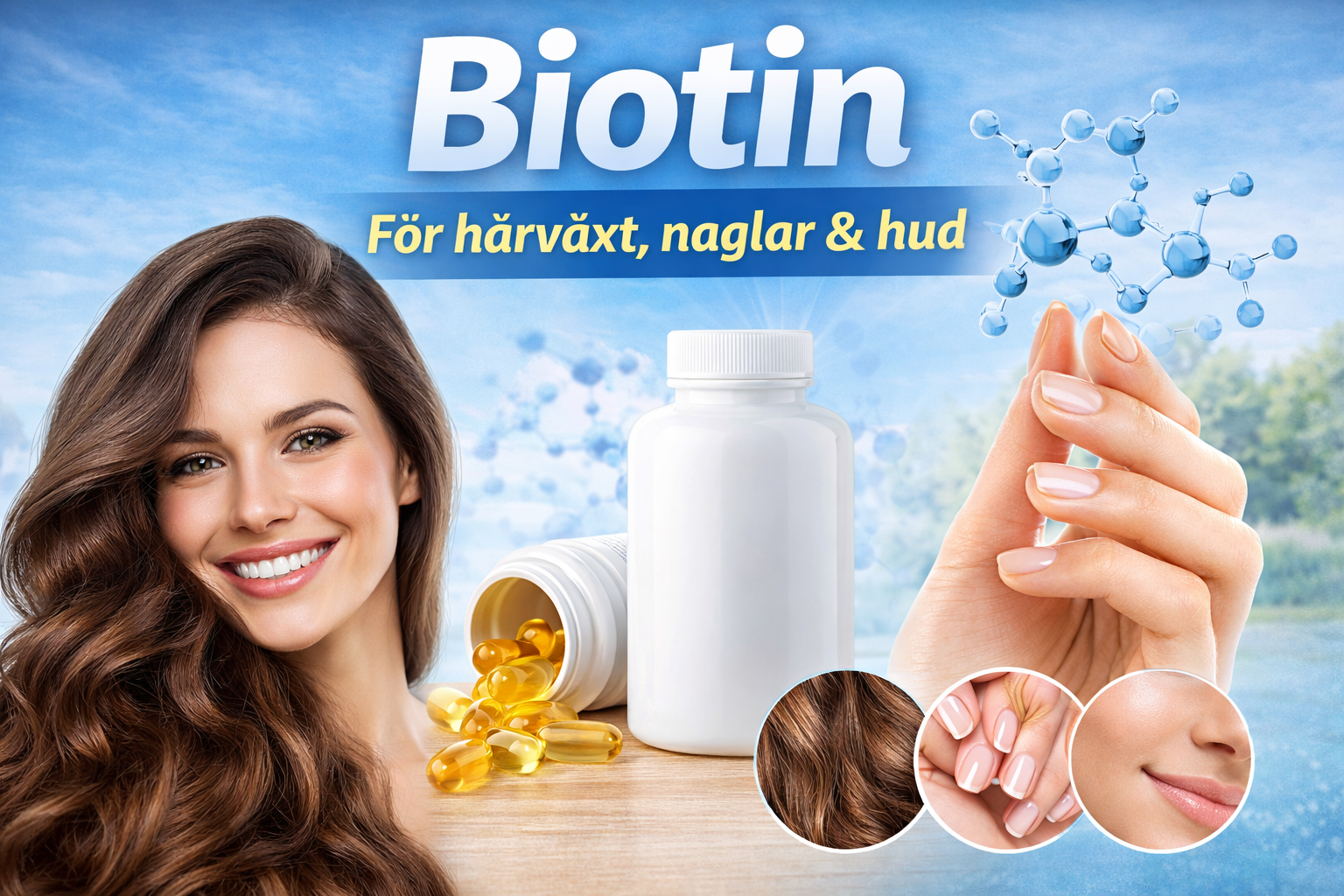 En flaska med biotintillskott med piller, en leende kvinna med långt hår, närbilder av friska naglar och hud samt grafik över kemisk struktur. Den svenska texten lyder "Biotin För hårväxt, naglar & hud