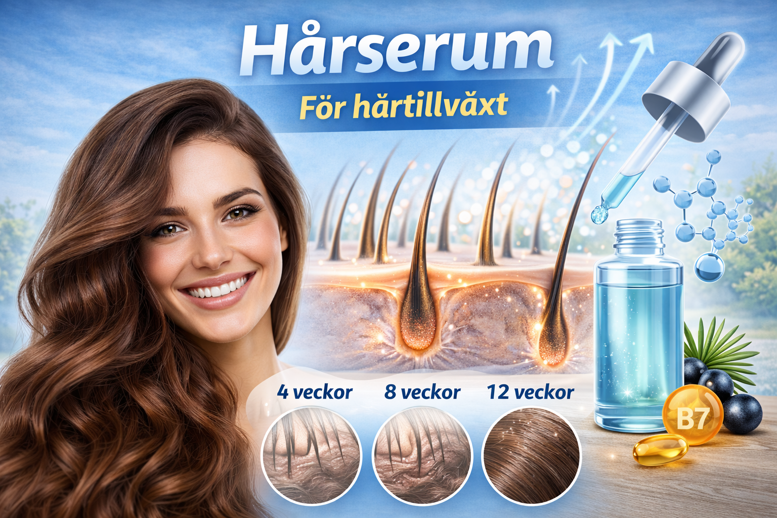 Hårserum för hårtillväxt med biotin B7, visat på hårbotten, serumdroppe och före-efter resultat över 4, 8 och 12 veckor