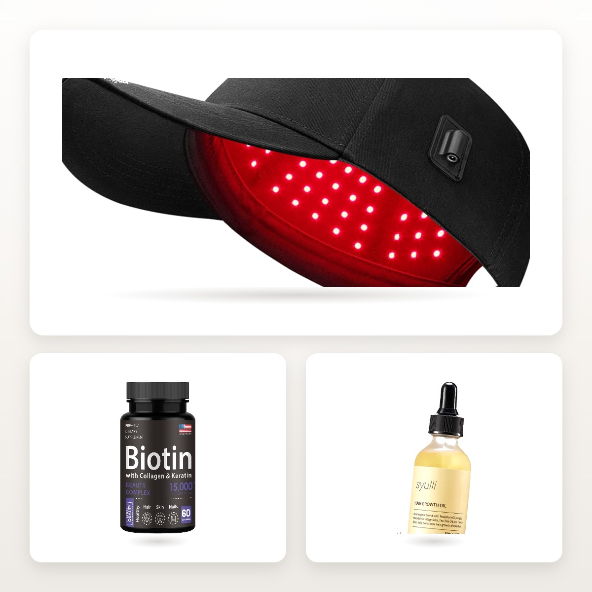 Rödljusterapi keps med 176 LED, Biotin 10 000 mcg och Syulli hårserum som ingår i Hårbottenpaketet